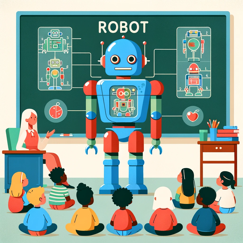 profesora enseñando características robot a los niños
